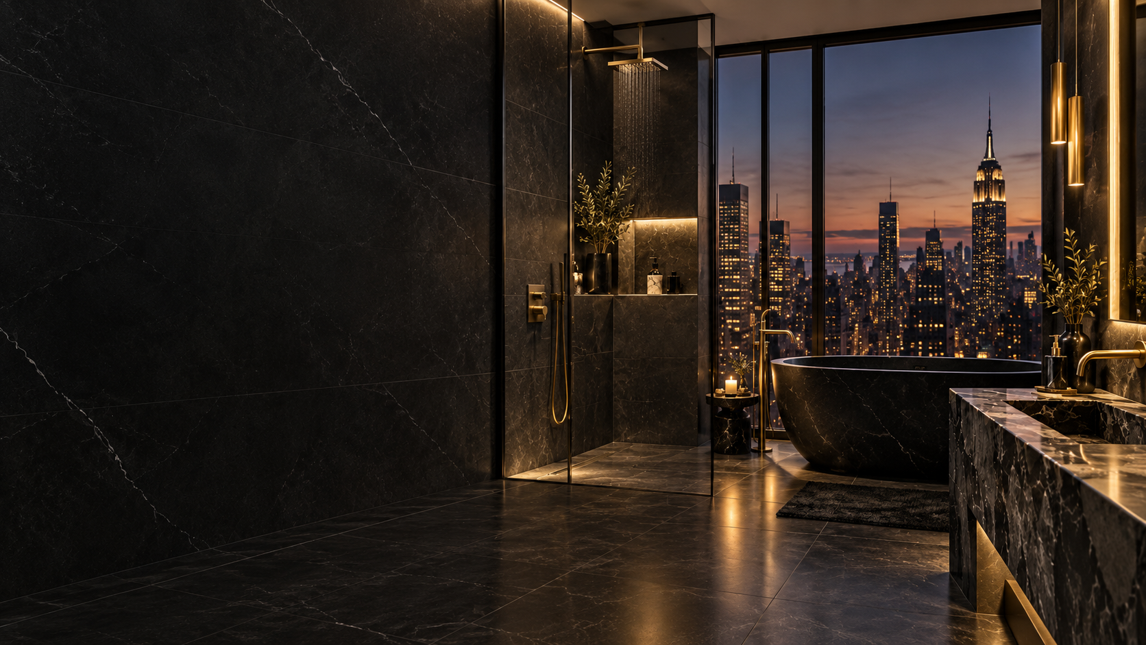 Luxury dark stone bathroom overlooking the Manhattan skyline